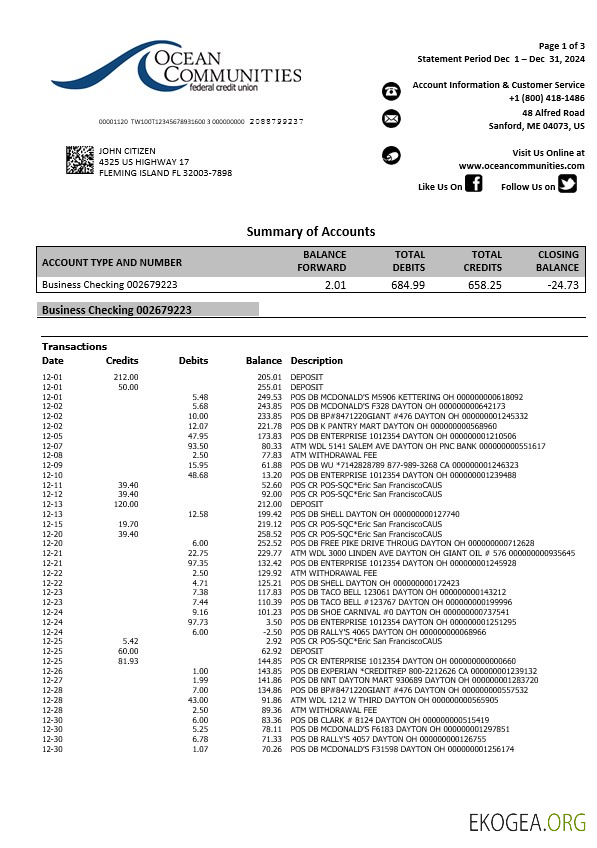 États Unis Maine Ocean Communities Federal Credit Union relevé bancaire, 3 pages
